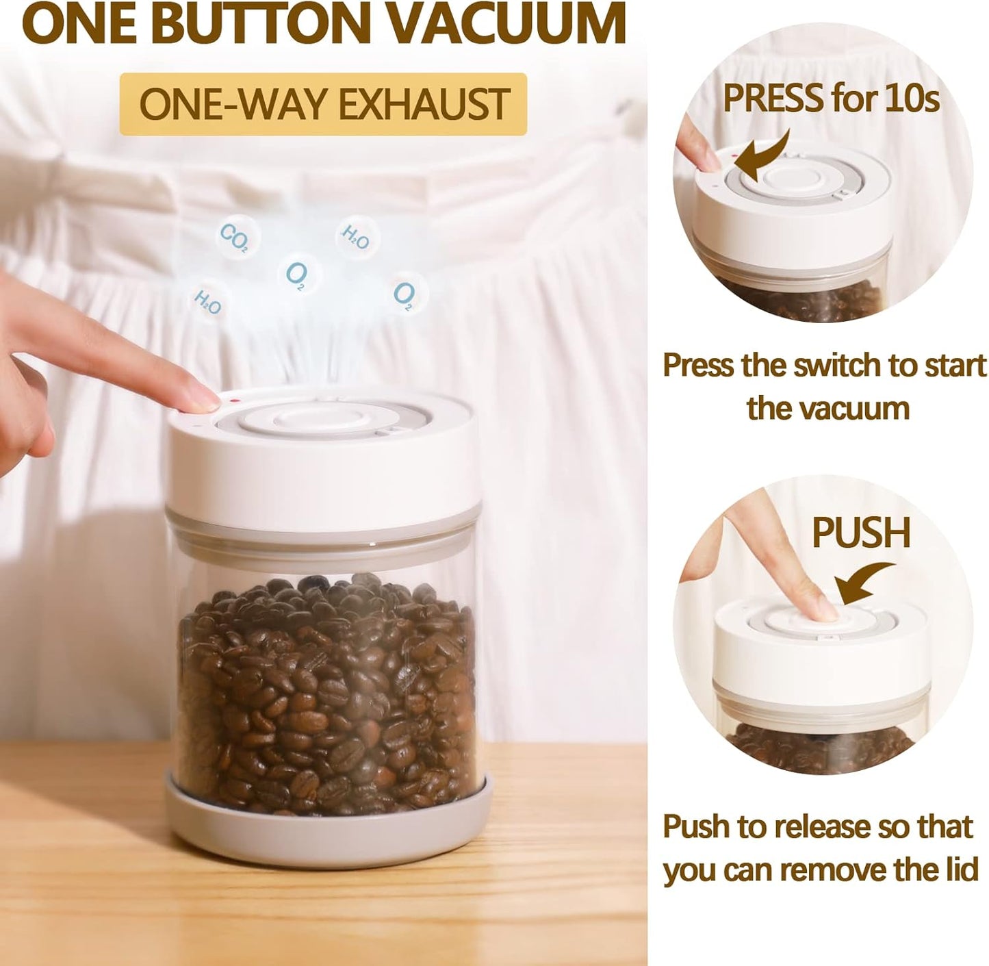 Minidiva Smart Vacuum Container, Automatic Electric Airtight Glass Jar for Food Coffee Storage Meal Prep (White-600ml)