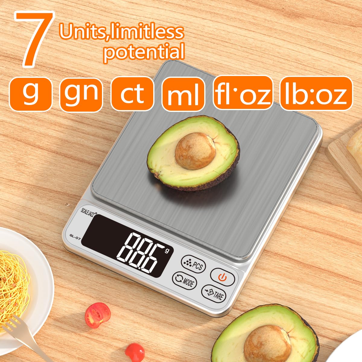 Mini Scale,6.6lb Scale for Grams,Digital Scale Food，Cooking Scale and Food Scales for Kitchen，Food Scale Grams and Ounces,Grams Scale,7Units,Auto Off,Tare,PCS,LCD Display