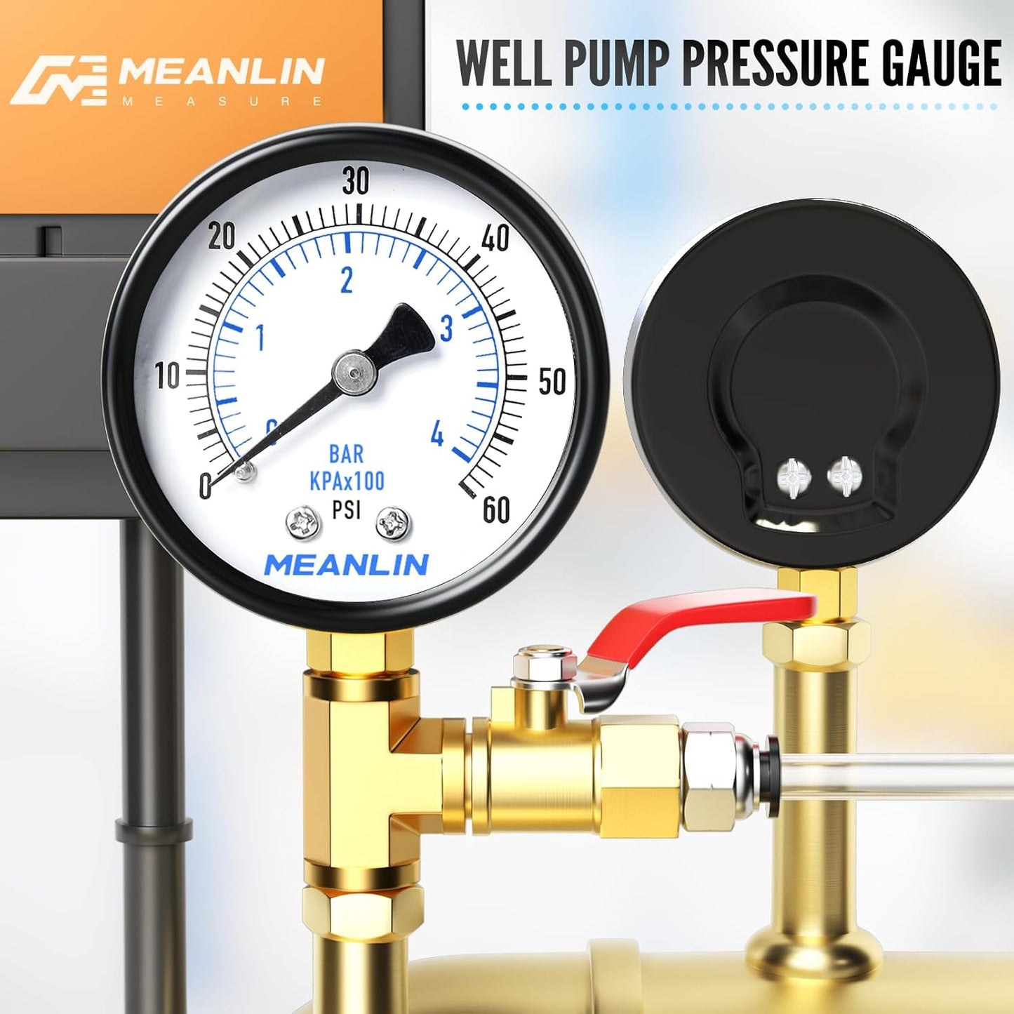 MEANLIN MEASURE 0-60Psi Well Pump Pressure Gauge 1/4" NPT 2" FACE DIAL for Pool Filter Pump Water Oil Air Compressor Tire Pressure Tester Lower Mount, with Teflon Tape