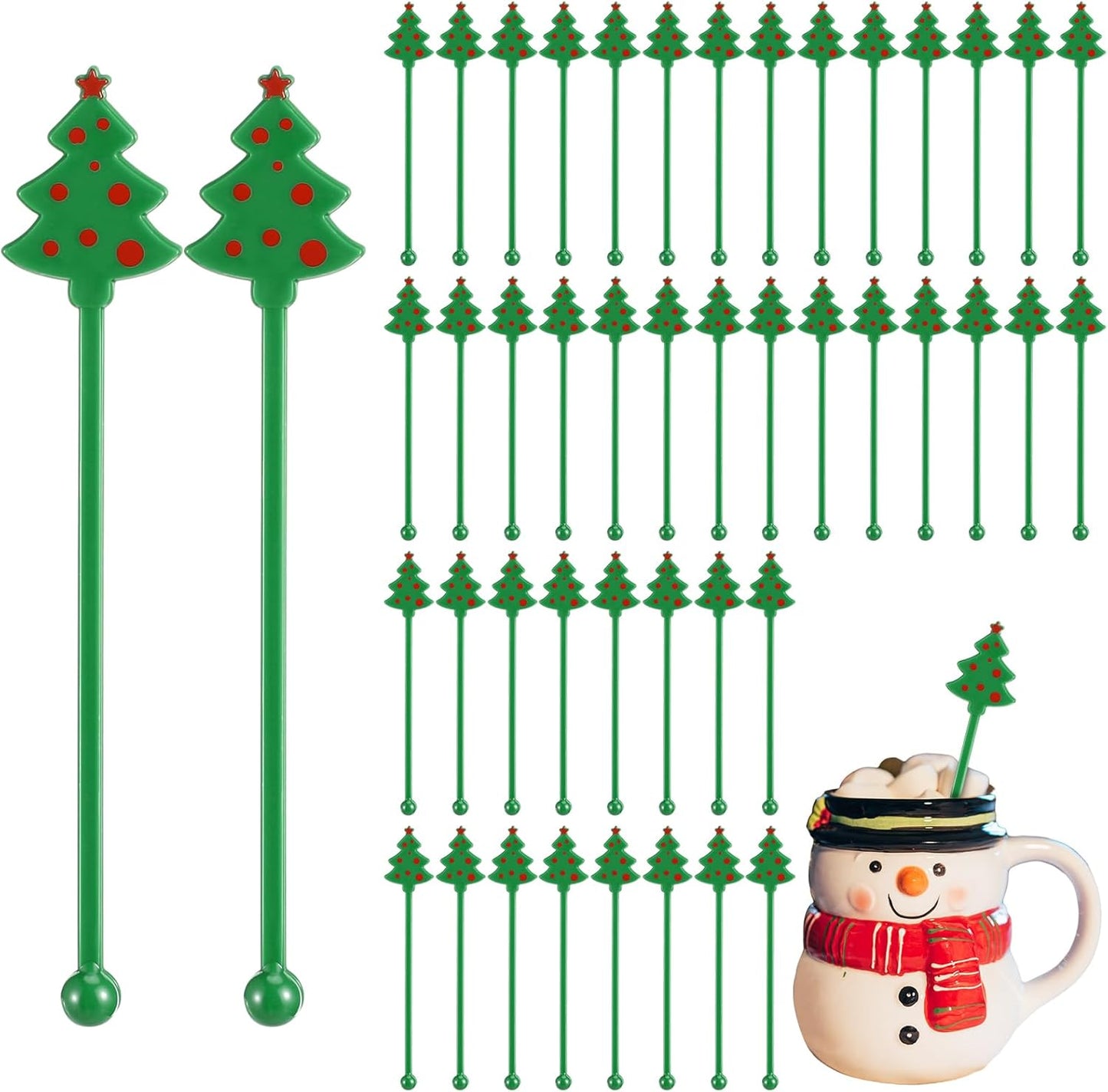 30 Pcs Christmas Drink Stirrers Xmas Stir Stick Holiday Coffee Swizzle Stick Reusable Plastic Hot Cocoa Bar Chocolate Decoration Cocktail Mixer(Christmas Tree,Green)