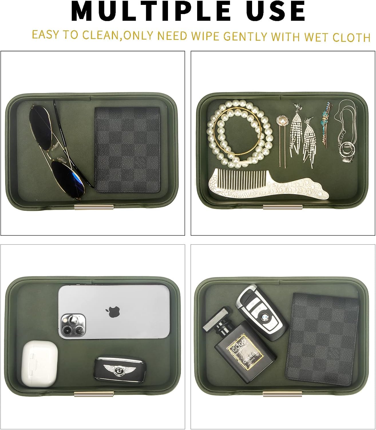 SANZIE Luxury Leather Tray Desktop Storage Catchall Organizer Decorative Tray for Entryway Table to Hold Jewelry Watch Keys Phone Wallet (Metal Glided, Dusty Green)