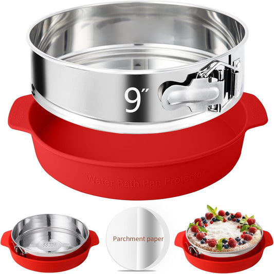 9 Inch Springform Pan - Nonstick 304 Stainless Steel Springform Cake Pan with Removable Bottom, 10 Inch Leakproof Silicone Cheesecake Pan Protector with Parchment Paper