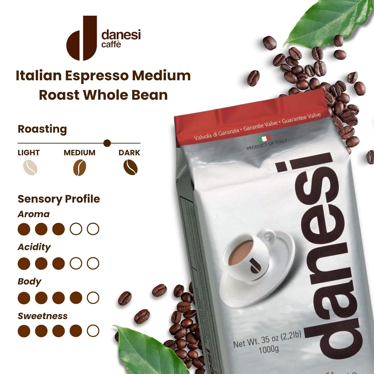 Danesi Caffe Italian Whole Coffee Beans - Espresso Coffee Beans and Medium Roast Whole Bean - Classic (4.4 lb)