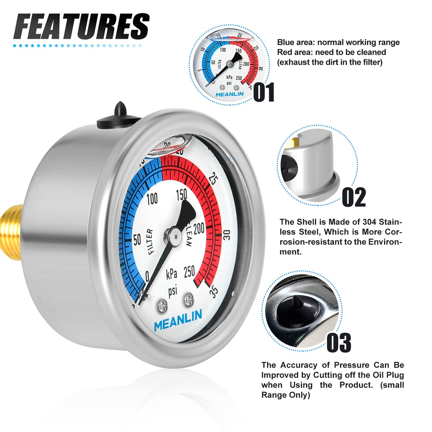MEANLIN MEASURE 1/4" NPT 0-35psi Pressure Gauge, 2" Dial Glycerine Filled Pool Filter, 304 Stainless Steel Housing, Back Mount, with 1/2" NPT and 3/8" NPT Hex Bushing