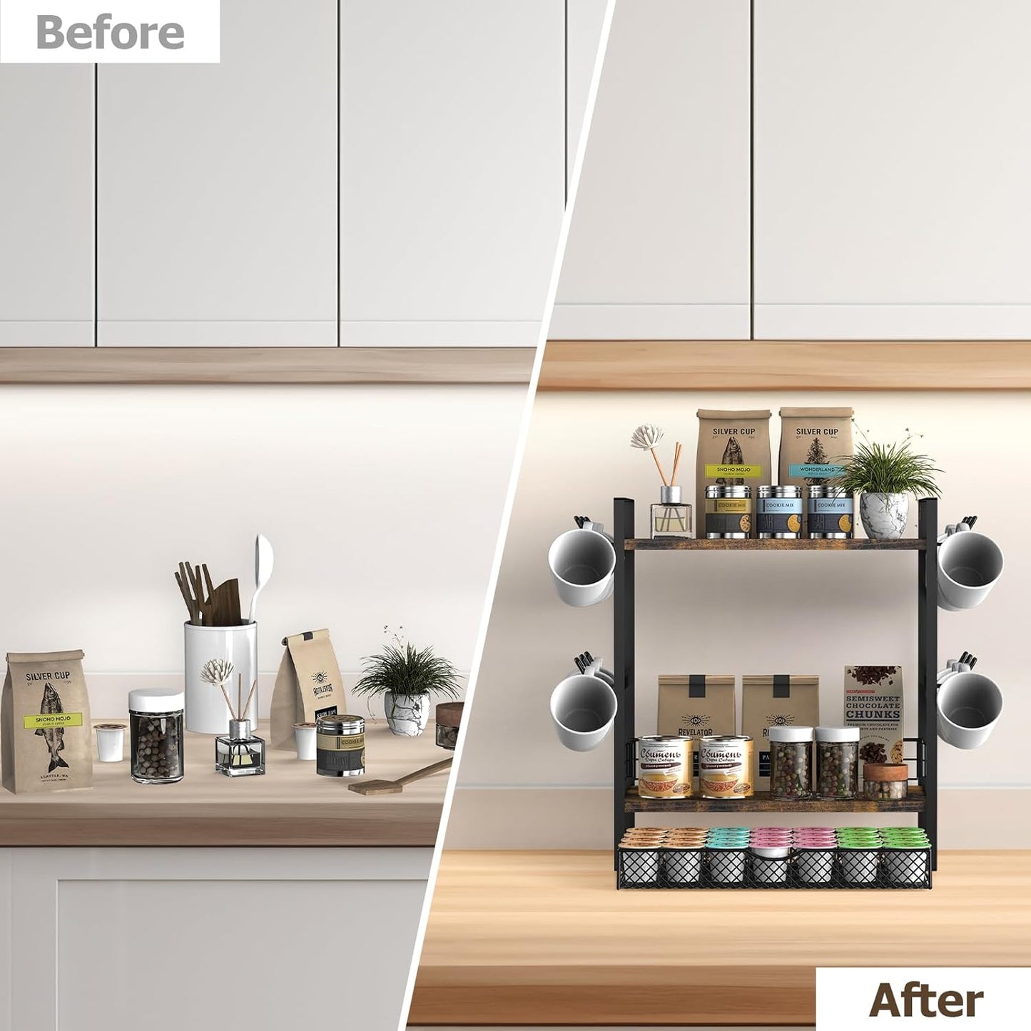 Coffee Station Organizer, 3 Tier Bar Organizer for Countertop, Mug Cup Holder Stand With 12 Hooks and 28 K Cup Storage for Kitchen, Home & Office, Rustic Brown