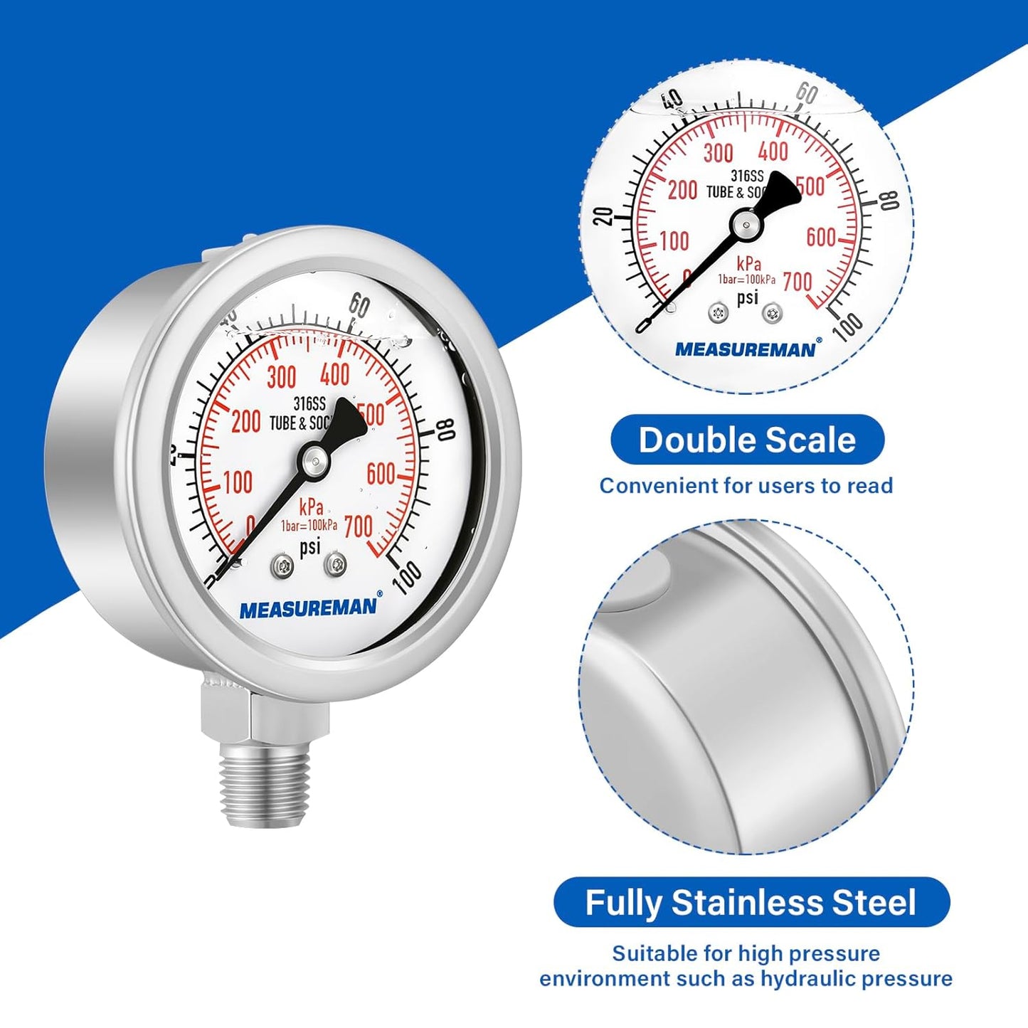 MEASUREMAN Fully Stainless Steel Hydraulic Glycerin Filled Pressure Gauge, 2-1/2" Dial Size, 1/4" NPT Lower Mount, 0-100psi/kpa