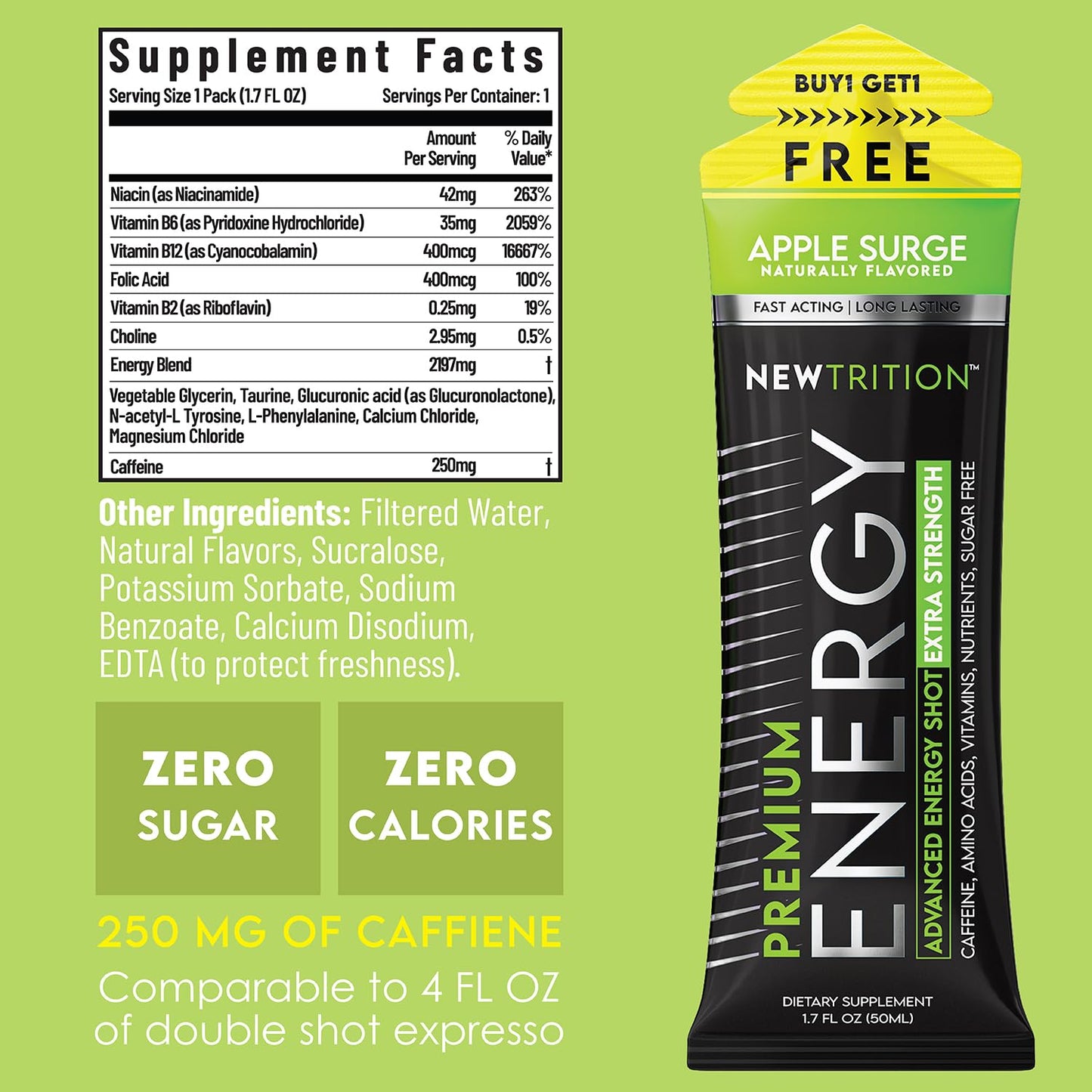 NewTrition® Extra Strength Energy Shots, 250mg Caffeine Energy Shots with Vitamin B & Amino Acids, Sugar-Free Vitamin Energy Shot, 1.7 fl oz (Pack of 24, Apple Surge)