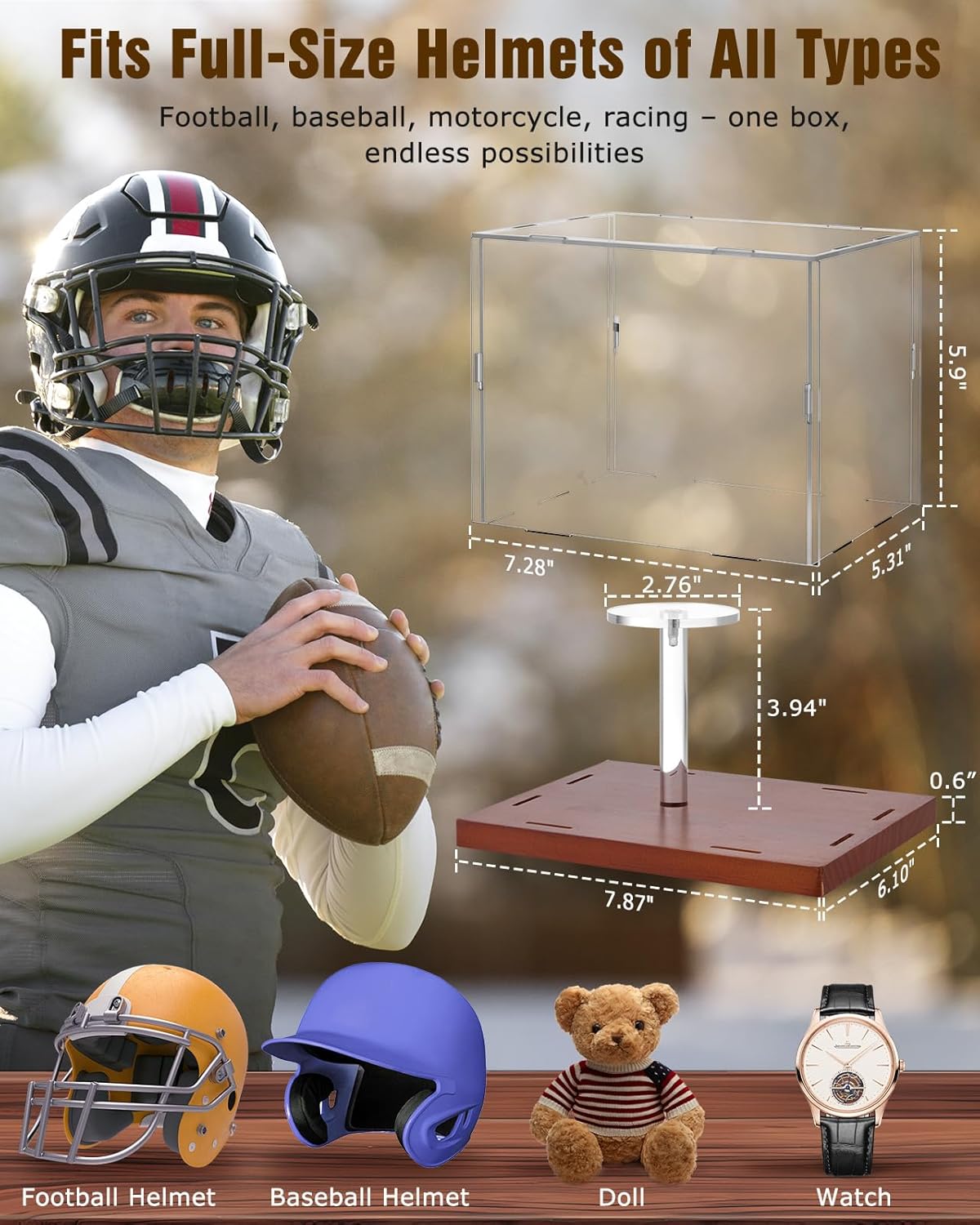 Mini Helmet Display Case - 7.1×5.3×5.9in Interior, 100% Wooden Base, Fits Football/Baseball Mini Helmets & Collectibles, High-Transparency Acrylic with UV Protection