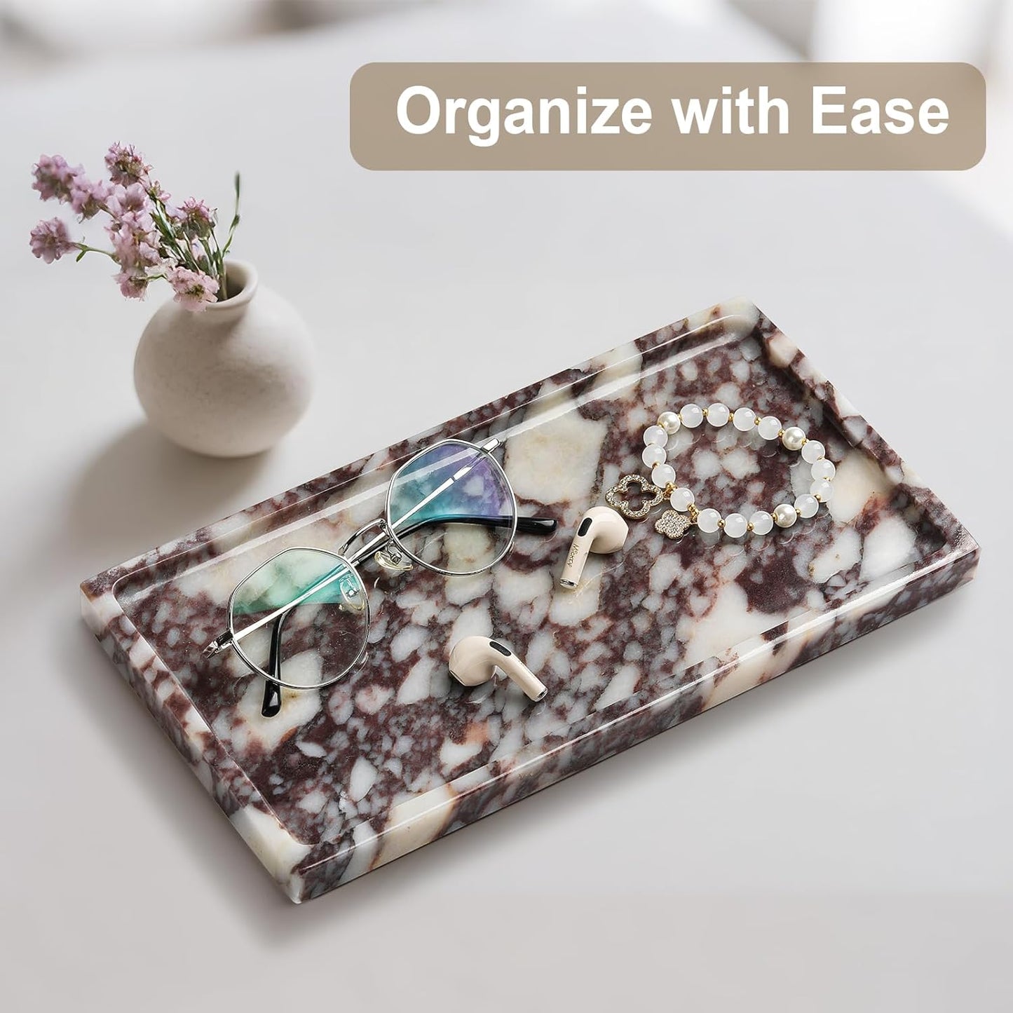 Natural Marble Vanity Tray - Moujings Genuine Marble Perfume Tray for Bathroom Decor, Stone Bathroom Vanity Organizer Tray for Kitchen Counter, Candles, Jewelry, Coffee, Makeup, Key