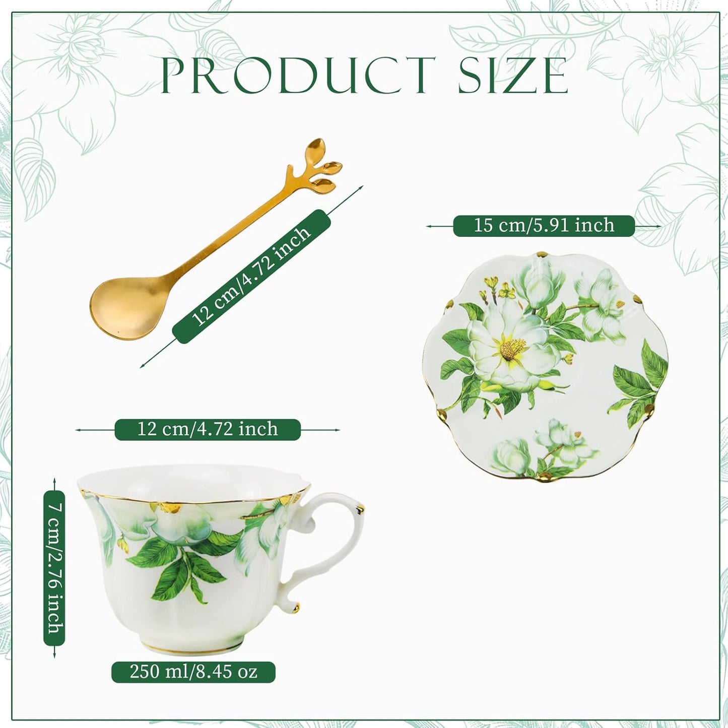 TATSUMI Country Roses Bone China Tea Cup and Saucer Set, 3 Pieces, Vintage Style, For Women and Tea Parties(Green,1 Set)