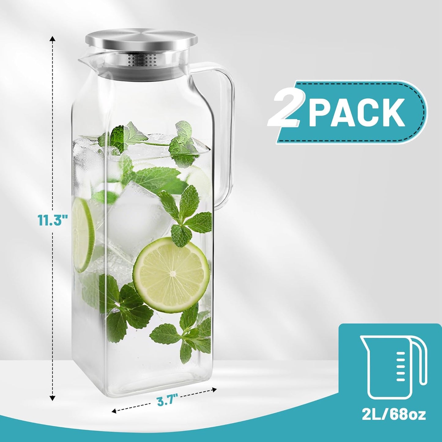 68 oz Square Glass Pitcher with Lid and Spout, 2 Quart Lightweight Water Pitchers for Hot/Cold Drink, Borosilicate Jugs, Heat Resistant, Glass Carafe with Handle,Ideal for Fridge Storage(2Pack)