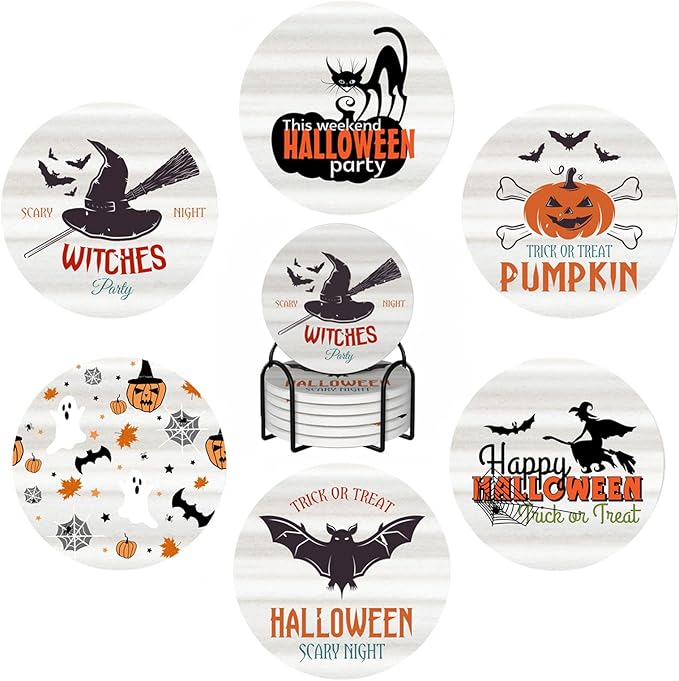 6 PCS Halloween Coasters with Metal Holder and Cork Base Ceramic Drink Coasters Absorbent Cup Mat Non-Slip for Home Kitchen Office Table Decor, 4 Inch Halloween 1