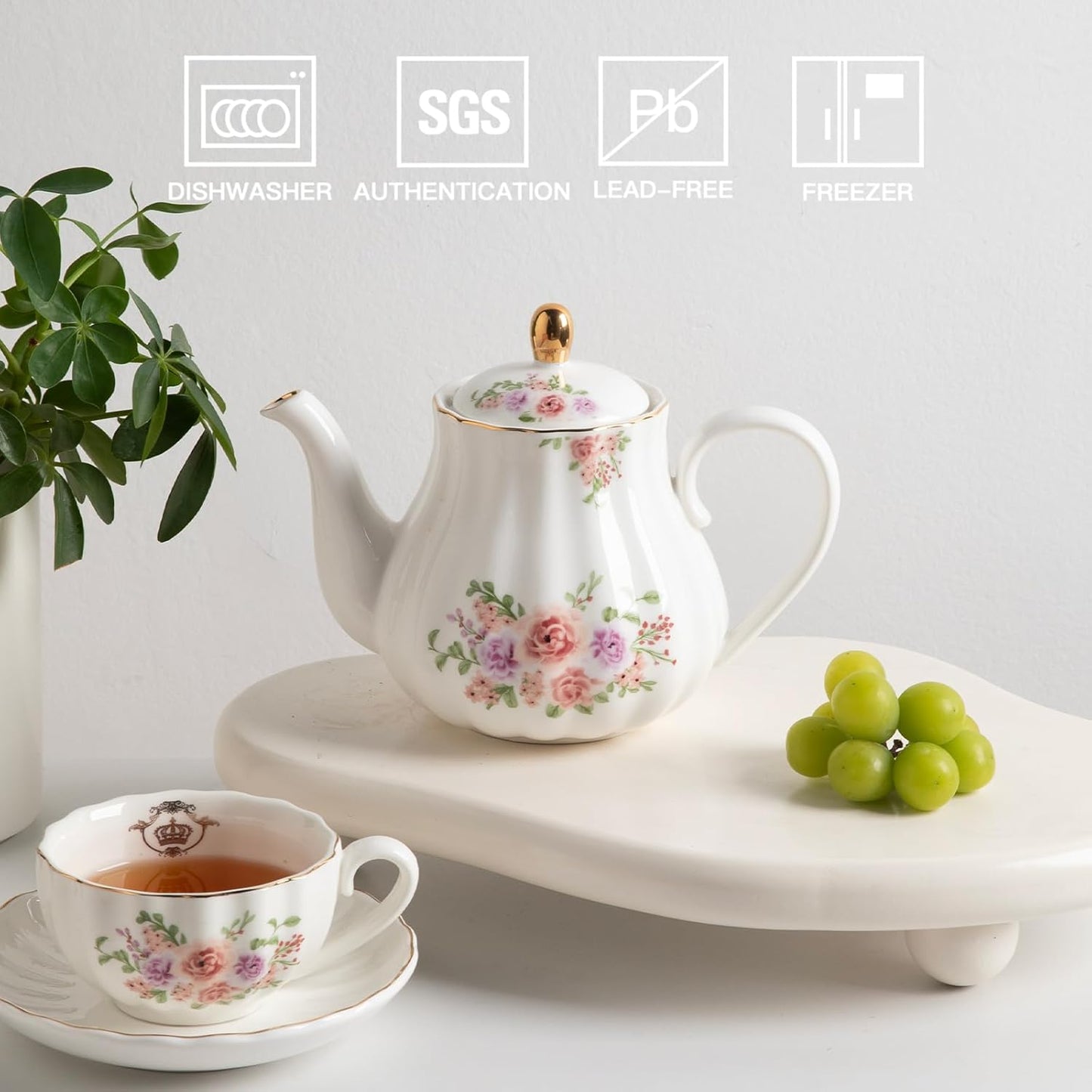 Sweejar Royal Teapot, Ceramic Tea Pot with Removable Stainless Steel Infuser, Blooming & Loose Leaf Teapot (Rose Flower, 40 Ounce)