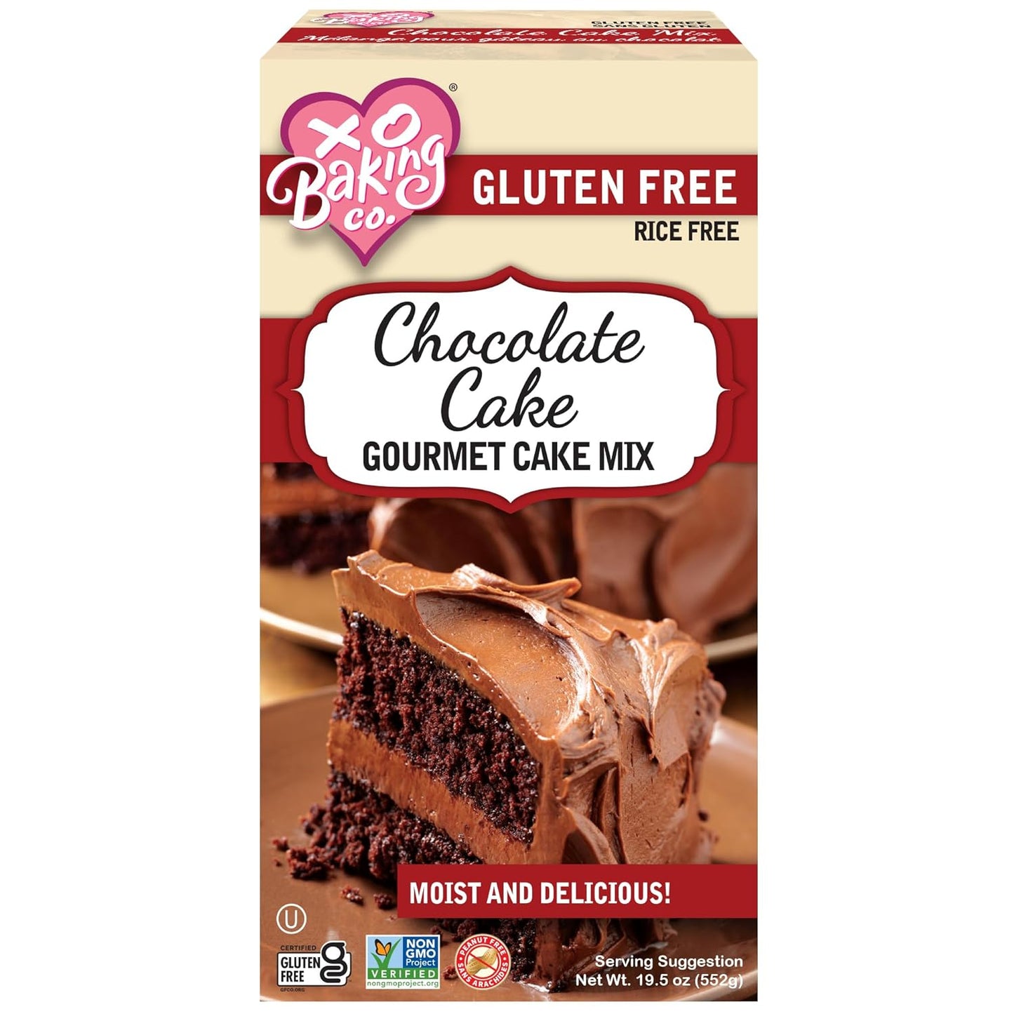 XO Baking Co. Gluten Free Chocolate Cake Gourmet Cake Mix; Non-GMO; Kosher; Rice Free; Soy Free; Dairy Free; Peanut Free; No Preservatives; No Artificial Flavors or Colors, 19.5oz