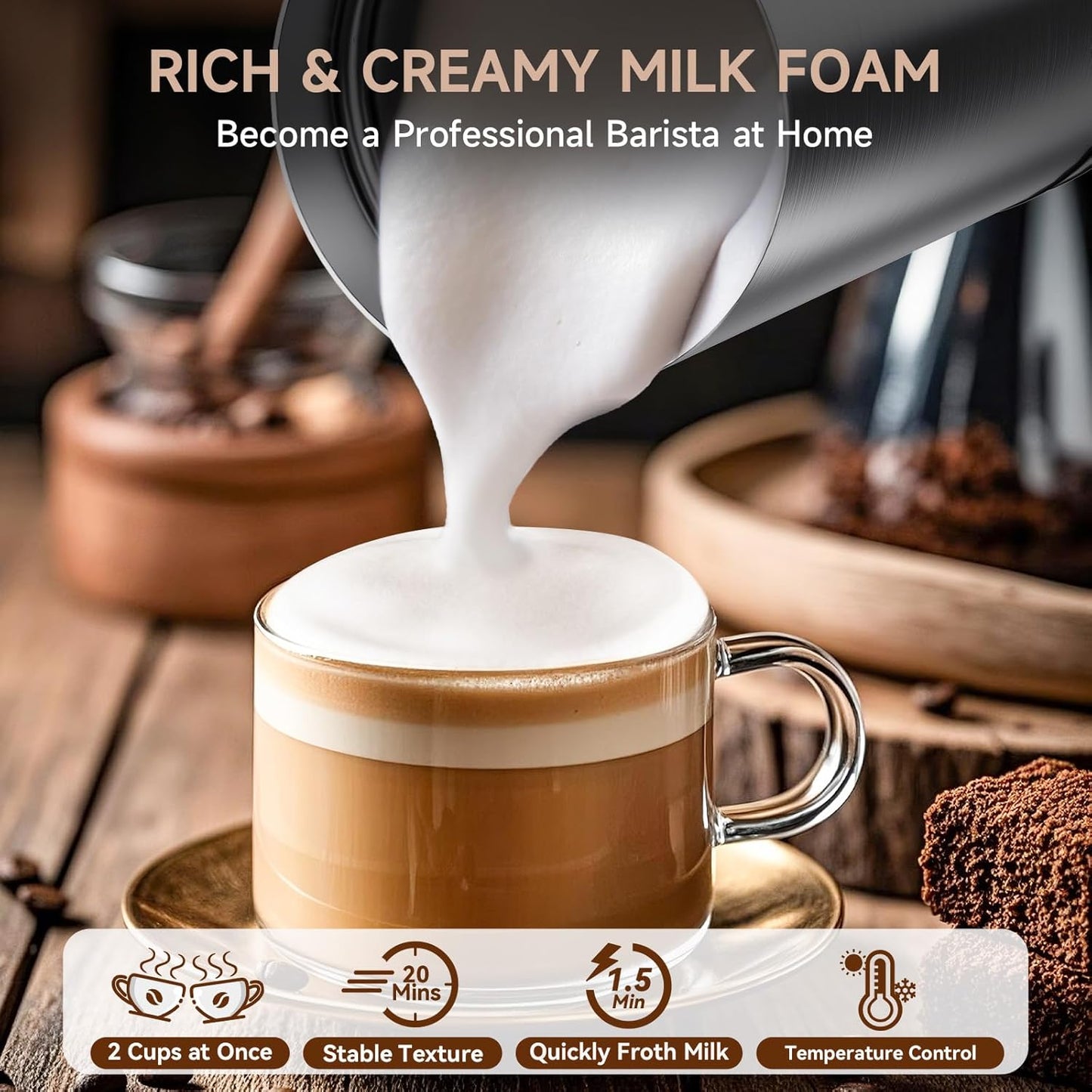 Milk Frother, 4-in-1 Milk Frother and Steamer, Automatic Hot and Cold Foam Maker and Milk Steamer for Coffee, Latte, Cappuccino, Macchiato, Hot Chocolate, Matcha