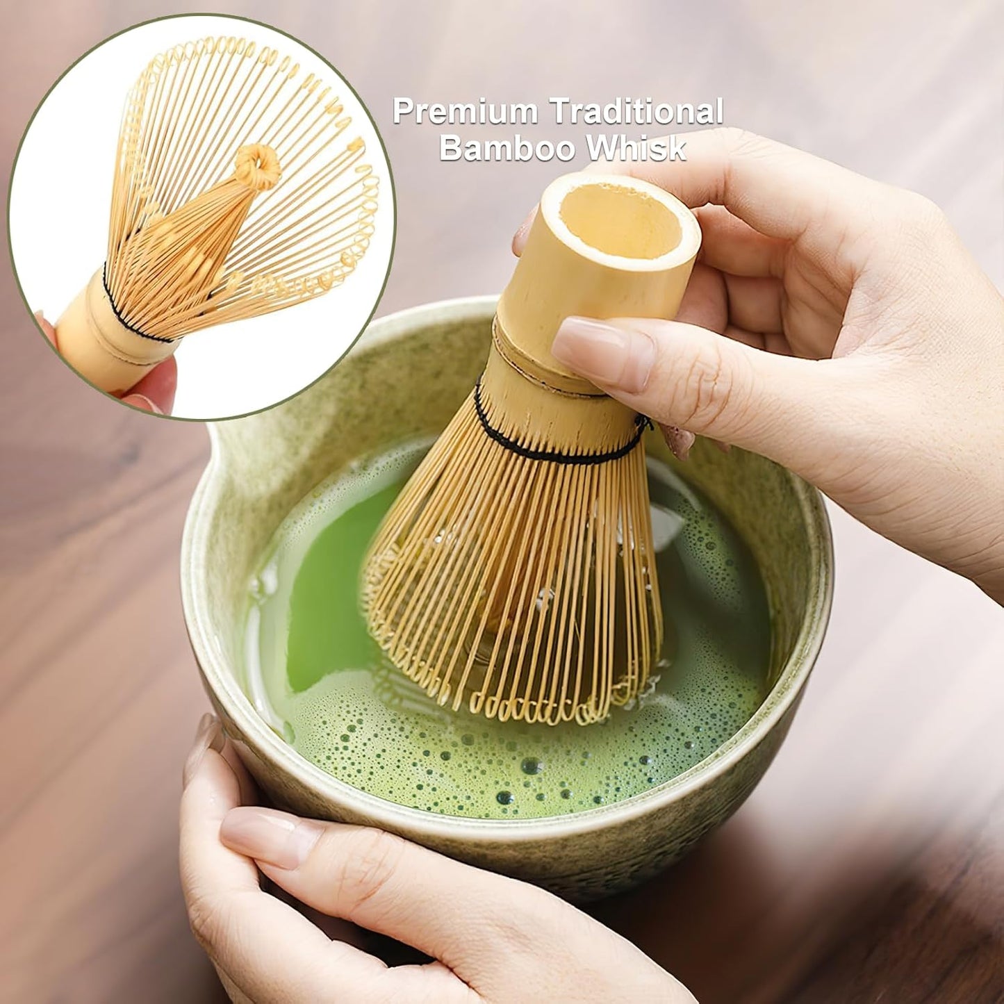 Matcha Whisk Set, Ceramic Matcha Set, Matcha Bowl with Spout, Matcha Whisk & Holder, Sifter and Bamboo Scoop, 5 Pcs Matcha Kit, Matcha Tea Ceremony Gifts for Matcha Lovers & Starter (Matcha Green)