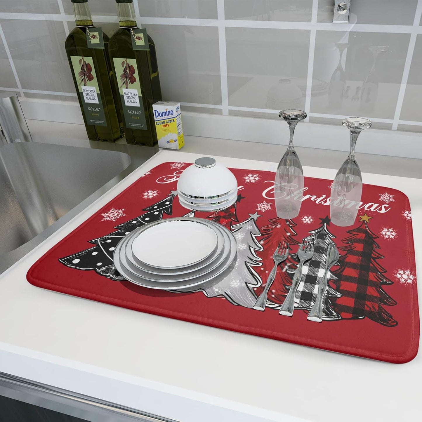 Merry Christmas Dish Drying Mats for Kitchen Counter 18x24 Inch Christmas Tree Snowflake Mat Xmas Buffalo Plaid Dish Rack Mat Reversible Absorbent Dishes Pad Kitchen Accessories for Counter tops