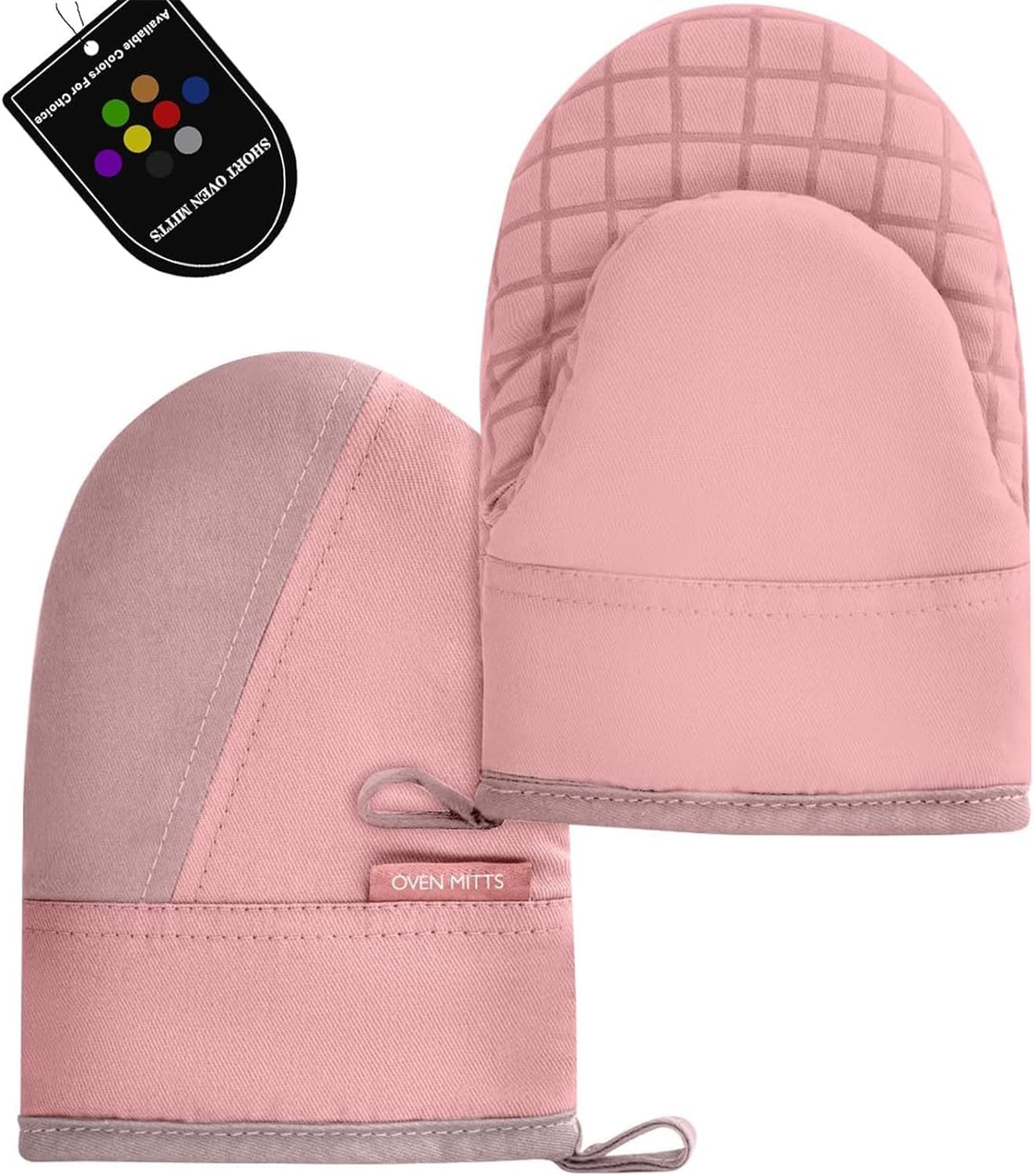 Mini Oven Mitts, Kitchen Oven Gloves Kitchen Mittens 500 Degrees Heat Resistant Baking Gloves, Non-Slip Silicone Surface with Hanging Loops Hot Gloves for Cooking, Baking, BBQ 1 Pair-Pink