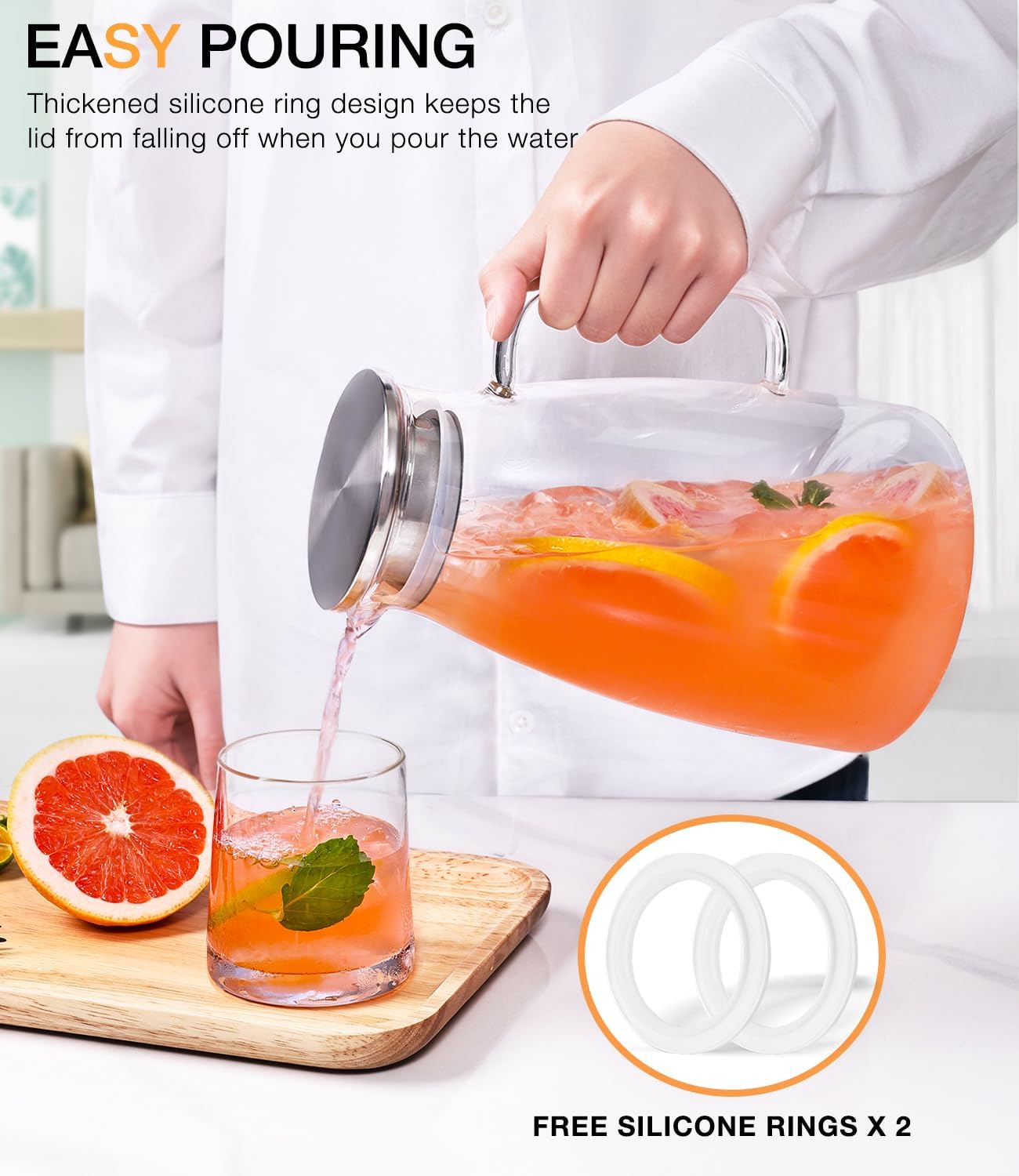 Glass Pitcher with Lid, 2 Liter 68oz Water Pitcher with Handle and Spout for Fridge, Borosilicate Glass for Iced Tea, Juice, Sangria, Cold/Hot Beverage, Large Jug with 2 Silicone Rings