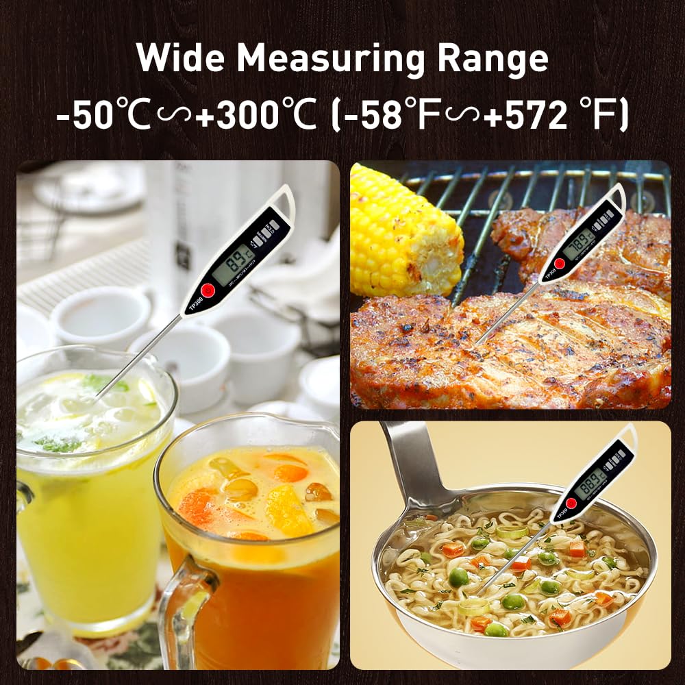 Wisebee Digital Meat Thermometer, Instant Read, ℃/℉ Switch, Long Stainless Steel Probe, Battery Powered, Food Thermometer for Cooking, Baking, Steak, Grilling and Frying (White)