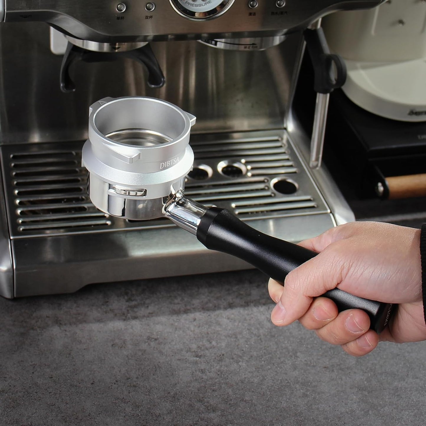 DIBTSA Espresso Dosing Funnel Compatible with Barsetto, Calphalon Temp IQ 58mm Portafilter, Aluminum Alloy, Silver