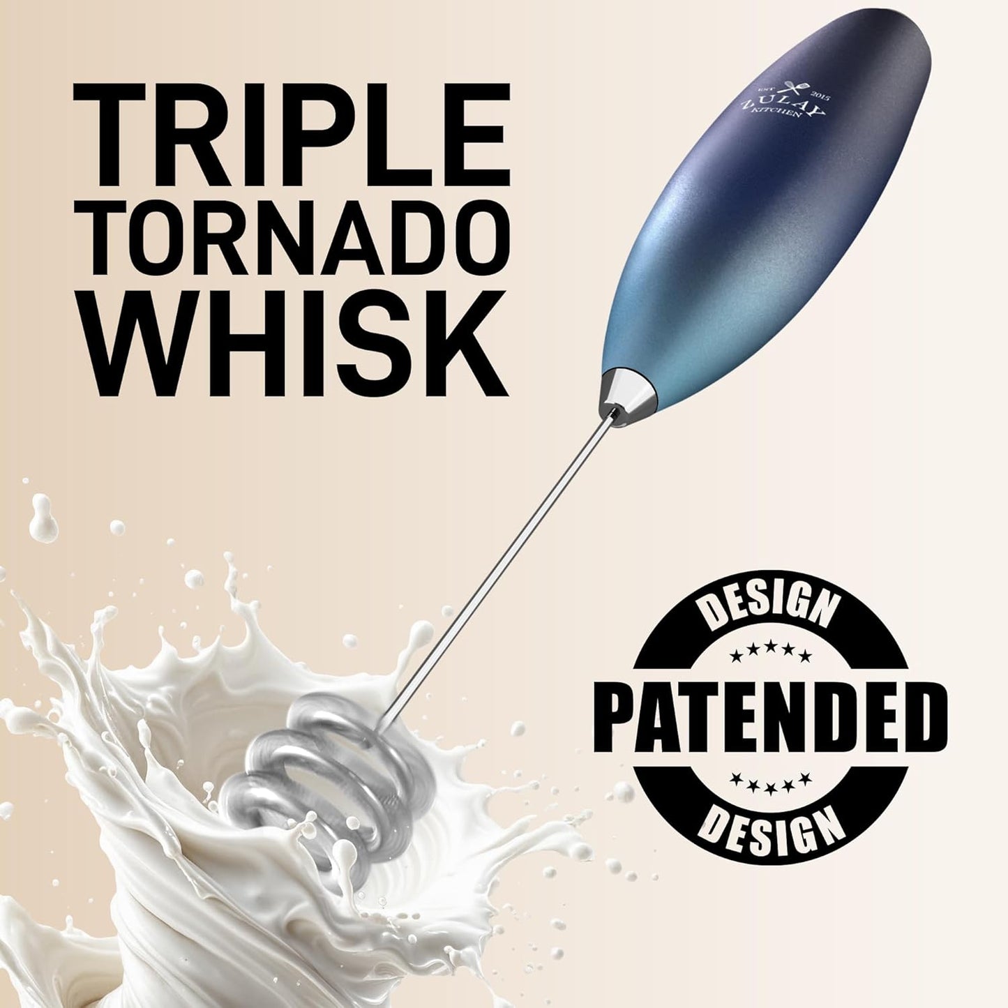 Zulay Kitchen Patented Tornado Triple Whisk Milk Frother with 4 Duracell Batteries – Handheld Foam Maker for Coffee, Lattes, Matcha & Hot Chocolate – Rich, Creamy Froth in Seconds