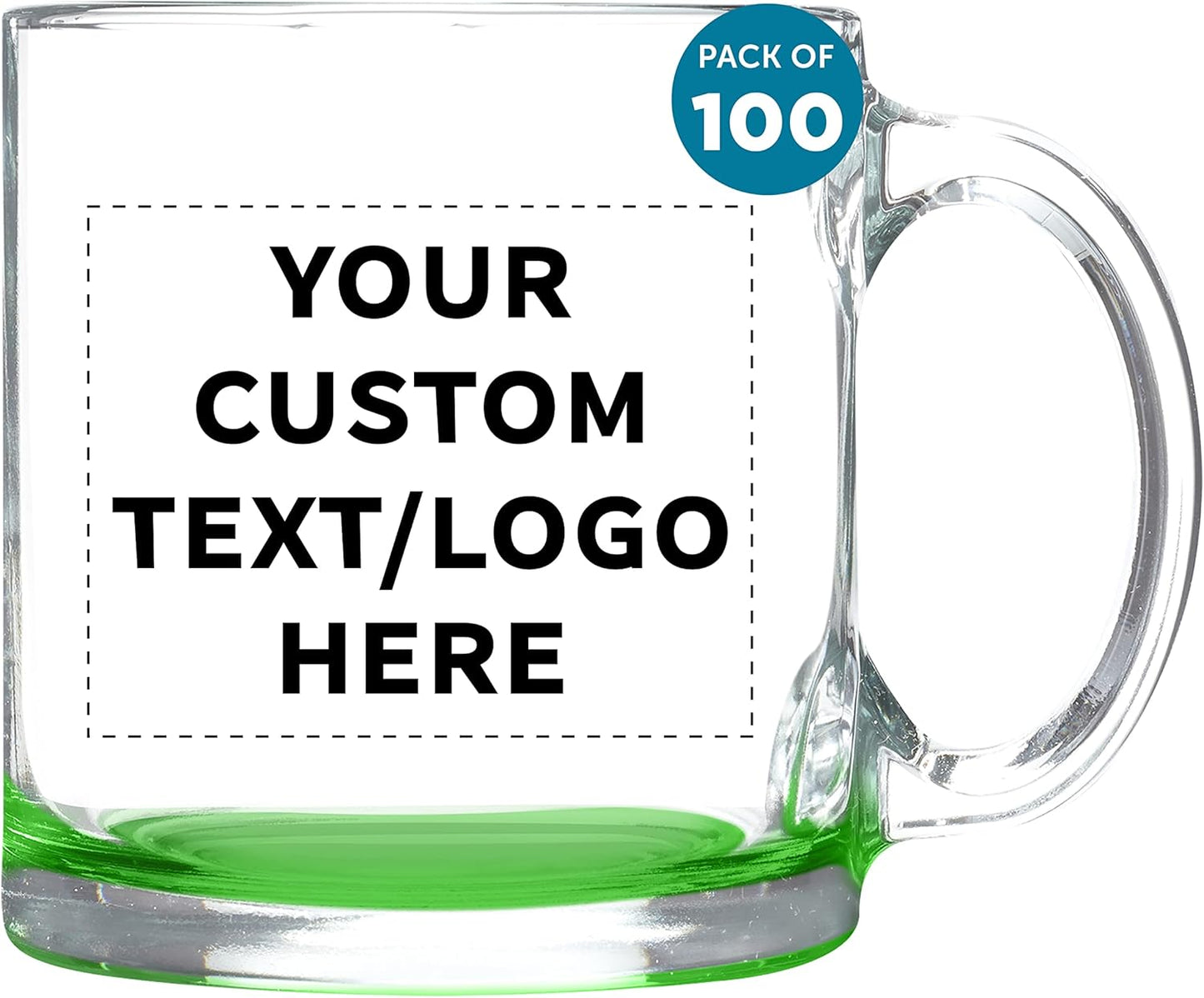 Custom Libbey Clear Glass Coffee Mugs 13 oz. Set of 100, Personalized Bulk Pack - Perfect for Coffee, Tea, Espresso, Hot Cocoa, Other Beverages - Green Bottom