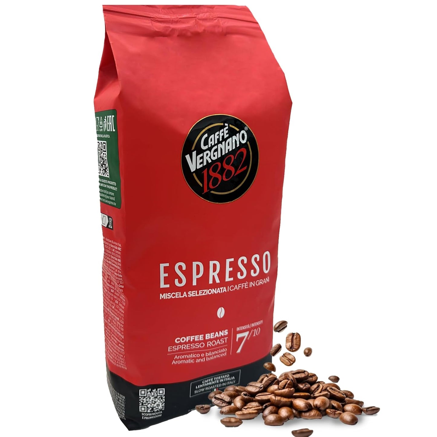 Caffe Vergnano 1882 Espresso Whole Bean Arabica Roast Coffee, 2.2 lb bag - Italian Medium Roast Coffee Beans with notes of Chocolate, Nuts & Caramel, Intensity 7/10-1000g Bag