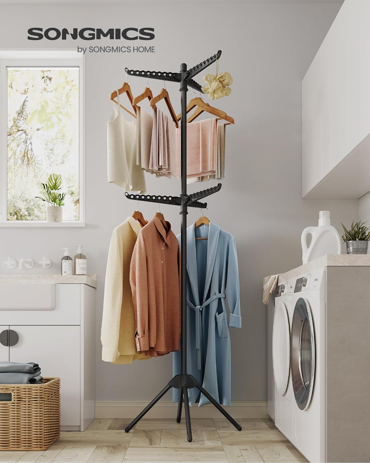 SONGMICS 2-Tier Clothes Drying Rack, 75.2-Inch Folding Laundry Drying Rack with 6 Rotatable Arms for Hangers, Stainless Steel, for 54 Pieces of Clothes, Black ULLR514B01