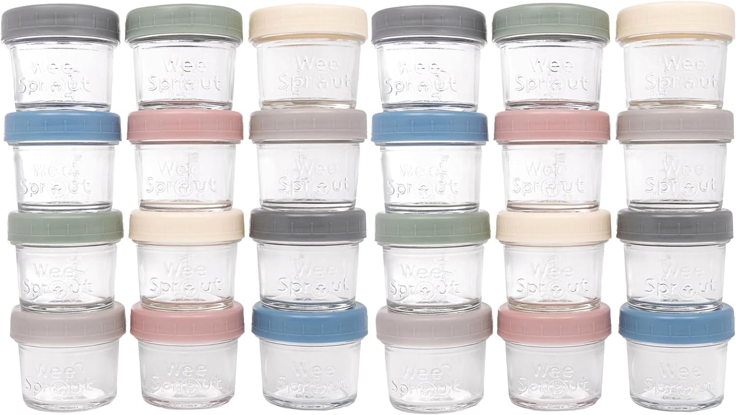 WeeSprout Baby Food Storage Glass Jars w/Lids (4 oz, 24 Pack) Matte Variety, Snack, Reusable Small Containers, Fridge or Freezer, Microwave & Dishwasher Safe, Essentials for Infants