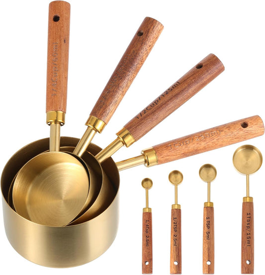 Stainless Steel Measuring Cups Set and Measuring Spoons Wooden Handle Metal Measure Cups and Spoons for Cooking and Baking, Gold, 8 Piece