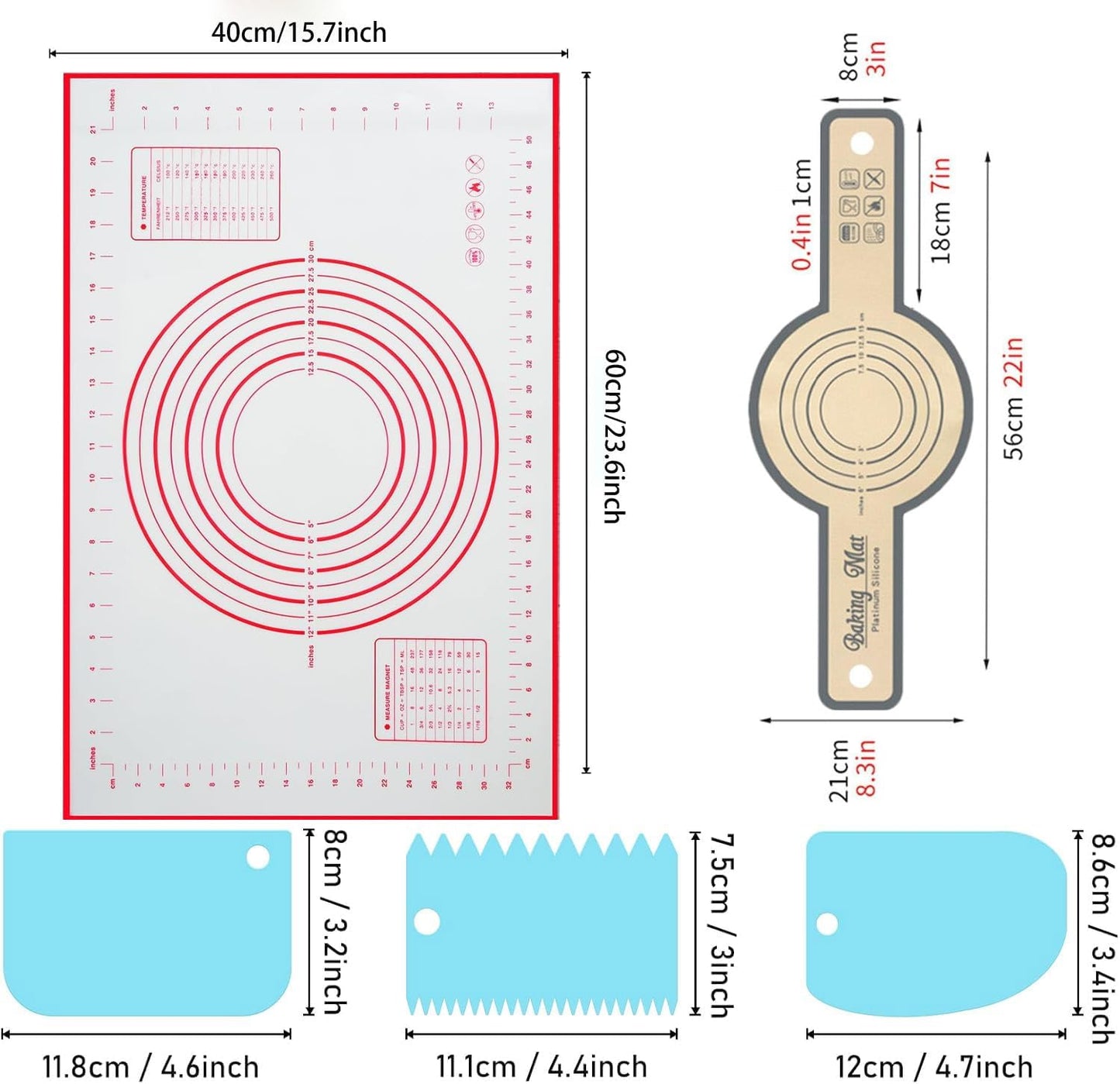 Silicone Baking Mat 16" x 24" - 2 Pcs Silicone Bread Sling for Dutch Oven - NonStick High Degree Kitchen Sour Bread Making Loaf Pan Lifter Liner,Non-Slip Pastry Mat for Rolling Dough,3 Scrapers