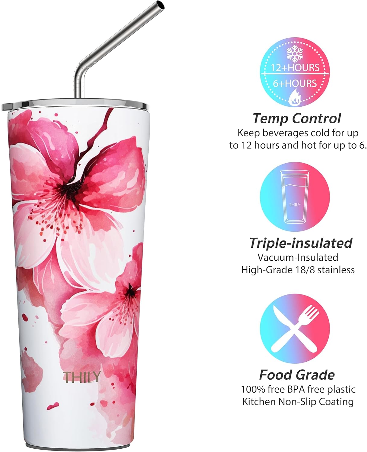 THILY Stainless Steel Vacuum Insulated Tumbler Travel Mug 26 oz Coffee Cup with 2 Lids and Straws, Splash Proof, Keep Ice Drinks Cold, Cherry Blossoms