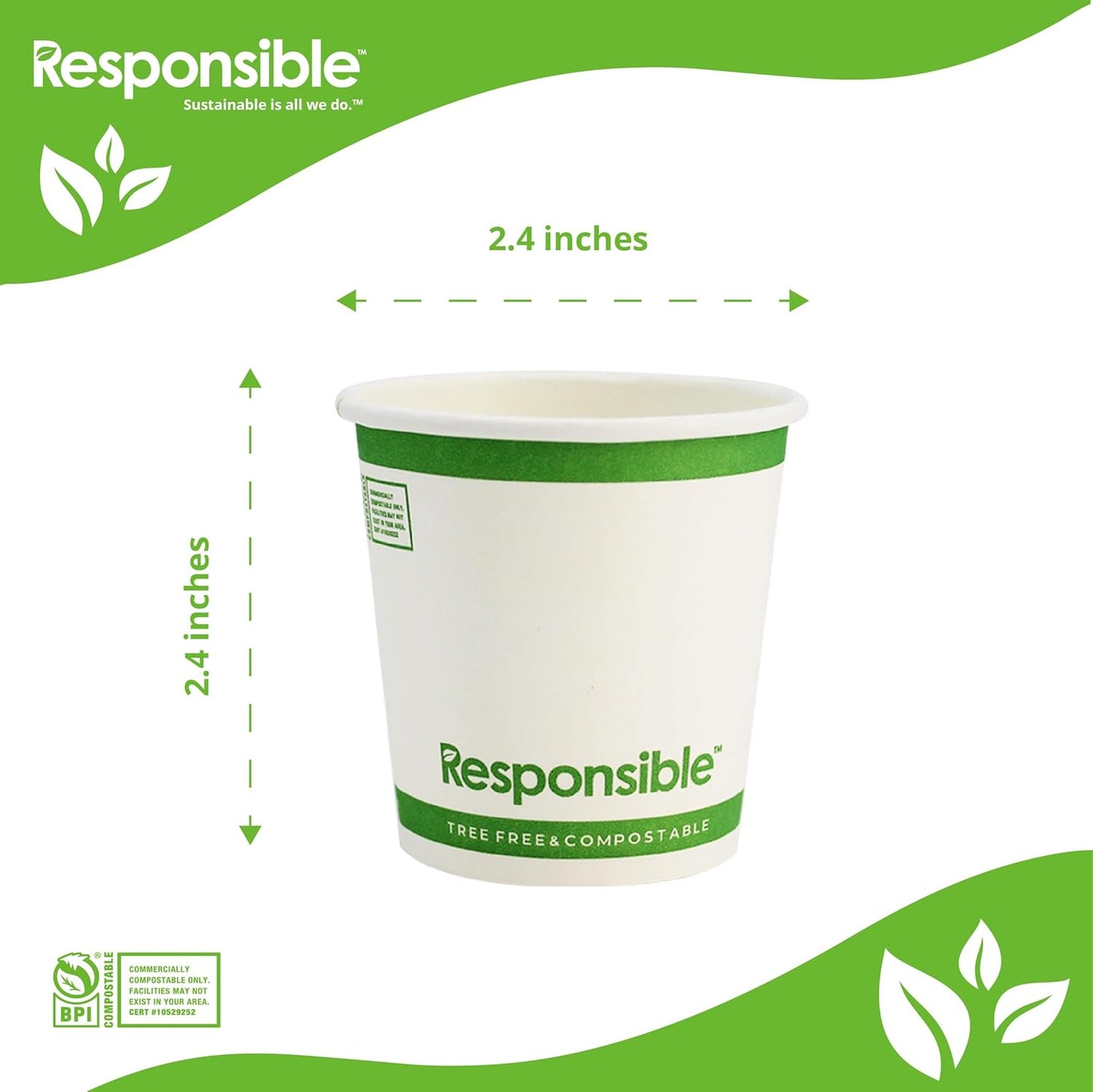 4 oz Paper Hot Cups, Tree-Less™ Compostable Paper Coffee Cups, Extra Strength, Tree-Free and Made Without PFAS, White (1000 Count)