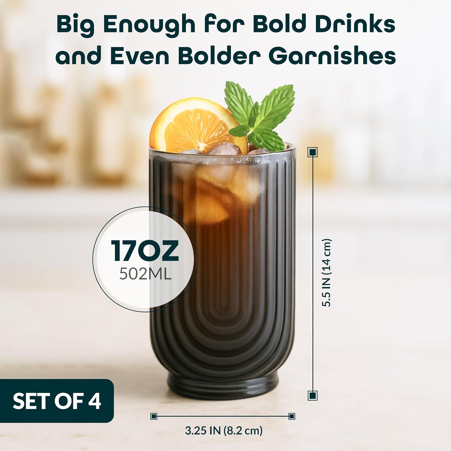 Vintage Glassware Art Deco Highball Glasses Set of 4 Smoke Ribbed Drinking Glasses 17 Oz Black U-Shape Arch Design Colored Cocktail Kitchen Tumblers