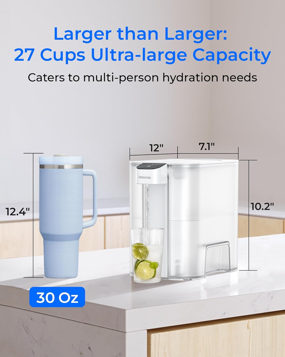 Waterdrop Large 27-Cup Mega Electric Water Filter Dispenser, 200-Gallon Rechargeable Instant System, NSF/ANSI 42&53&401&372, Reduce PFAS, Lead, Chlorine, with 1 Filter, White, Does not Lower TDS