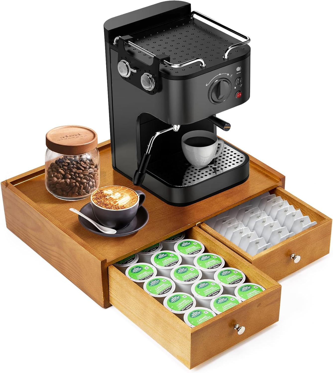 15.8"L X 11.8"W X 4"H Wooden K cup Storage, Keurig Stand With Storage, Coffee Pod Holder Organizer, Desktop Kitchen Storage with 2 Drawers, 30/40/60 Pod Capacity, Natural