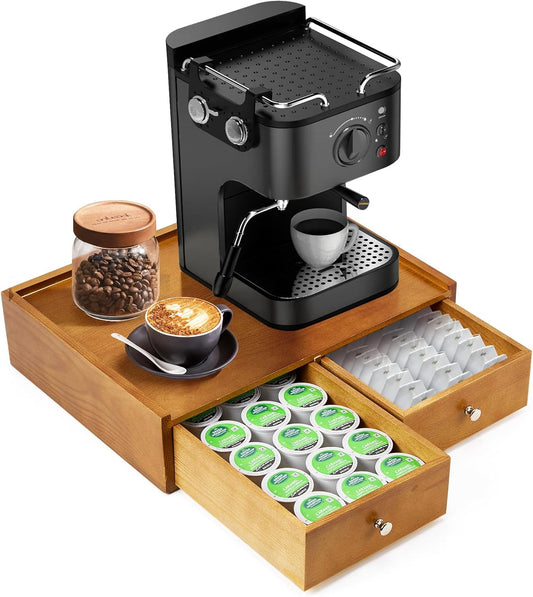 15.8"L X 11.8"W X 4"H Wooden K cup Storage, Keurig Stand With Storage, Coffee Pod Holder Organizer, Desktop Kitchen Storage with 2 Drawers, 30/40/60 Pod Capacity, Natural