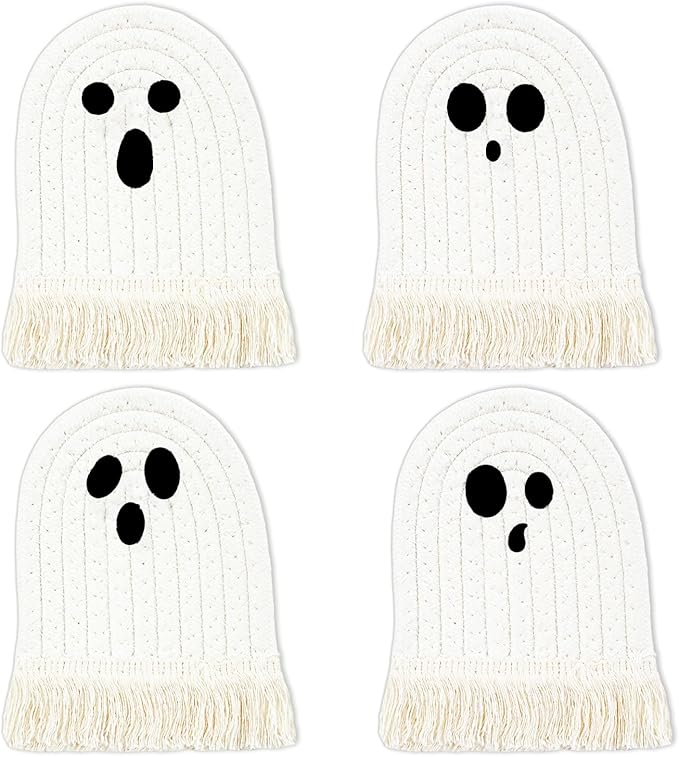 Whaline Halloween Ghost Cotton Coasters Cute White Ghost Shape Handmade Braided Drink Coasters Absorbent Cup Mats for Trick or Treat Party Home Table Decor, Set of 4
