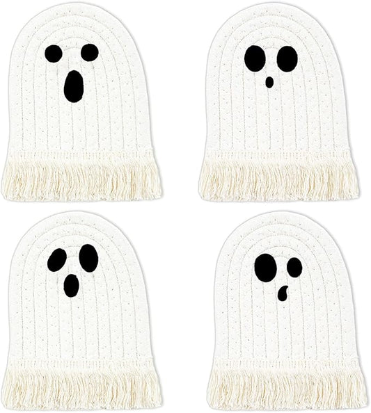 Whaline Halloween Ghost Cotton Coasters Cute White Ghost Shape Handmade Braided Drink Coasters Absorbent Cup Mats for Trick or Treat Party Home Table Decor, Set of 4