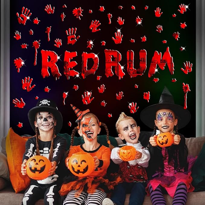 Halloween Decorations Stickers for Wall Bloody Handprint Decals for Bathroom Mirror Acrylic Halloween Party Supplies Decal Peel and Stick Scary Red Blood Stickers for Haunted House Party Home Office
