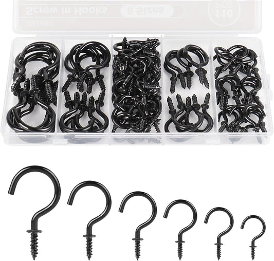 RELBRO Screw Hooks, 6 Sizes Metal Screw in Cup Hooks, 1/2 Inch, 5/8 Inch, 3/4 Inch, 7/8 Inch, 1 Inch, 1-1/4 Inch, Black, 110 Pcs