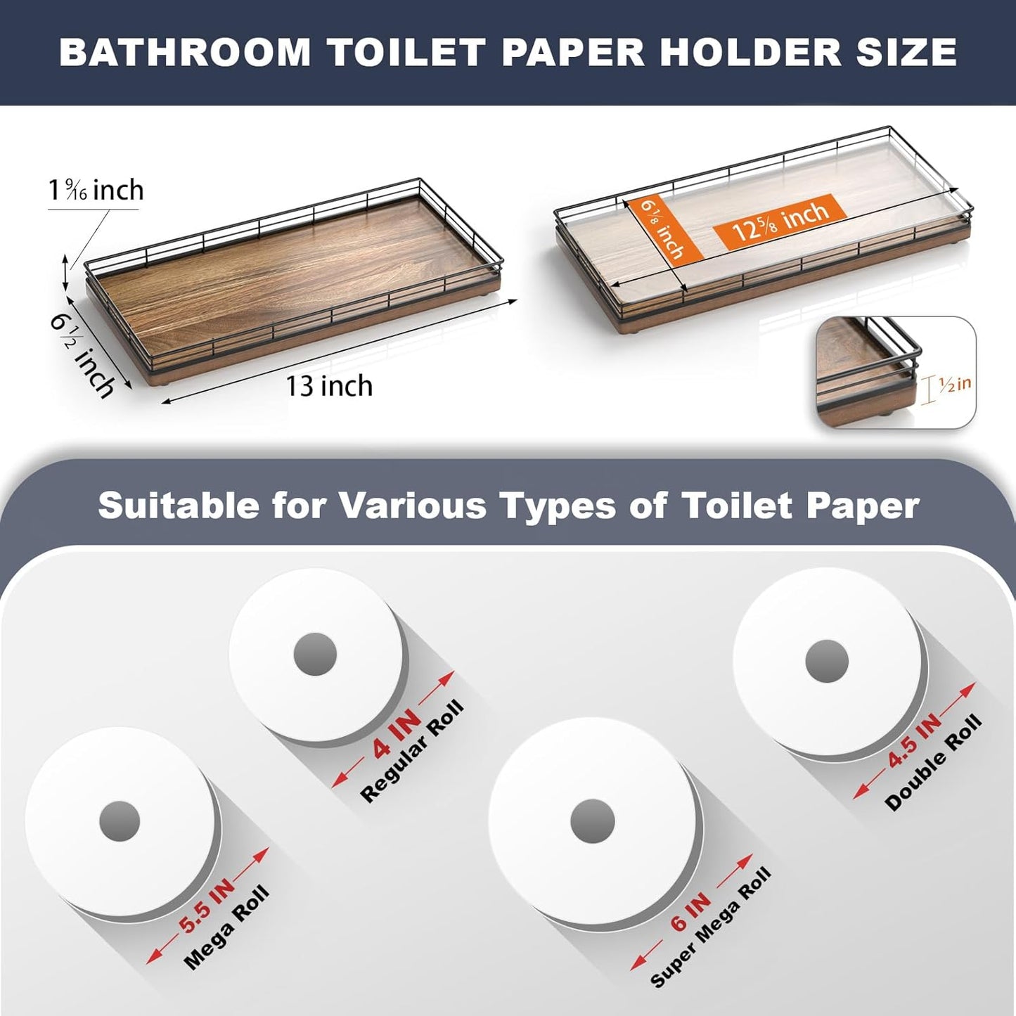 Acacia Bathroom Toilet Tank Tray, 13" Wood Toilet Paper Storage Basket Back of Toilet Basket Organizer, Vanity Tray for Perfume Makeup Candle Kitchen Counter Coffee Table Decor