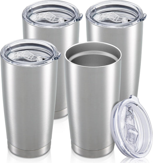 20 oz Tumbler with Lid Stainless Steel Insulated Tumblers Bulk Double Wall Vacuum Cups Powder Coated Travel Mug Keep Drinks Cold and Hot, Stainless Steel, 4 Pack