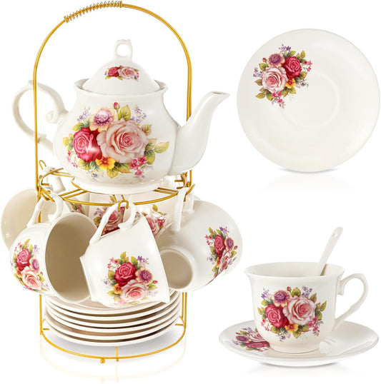 Zhehao 20 Pcs Porcelain Tea Set with Metal Holder and Spoon Adult Ceramic Tea Party Set European Flower Painting Teapot Cup Saucer Spoon for Women, Large Version(Modern Style)