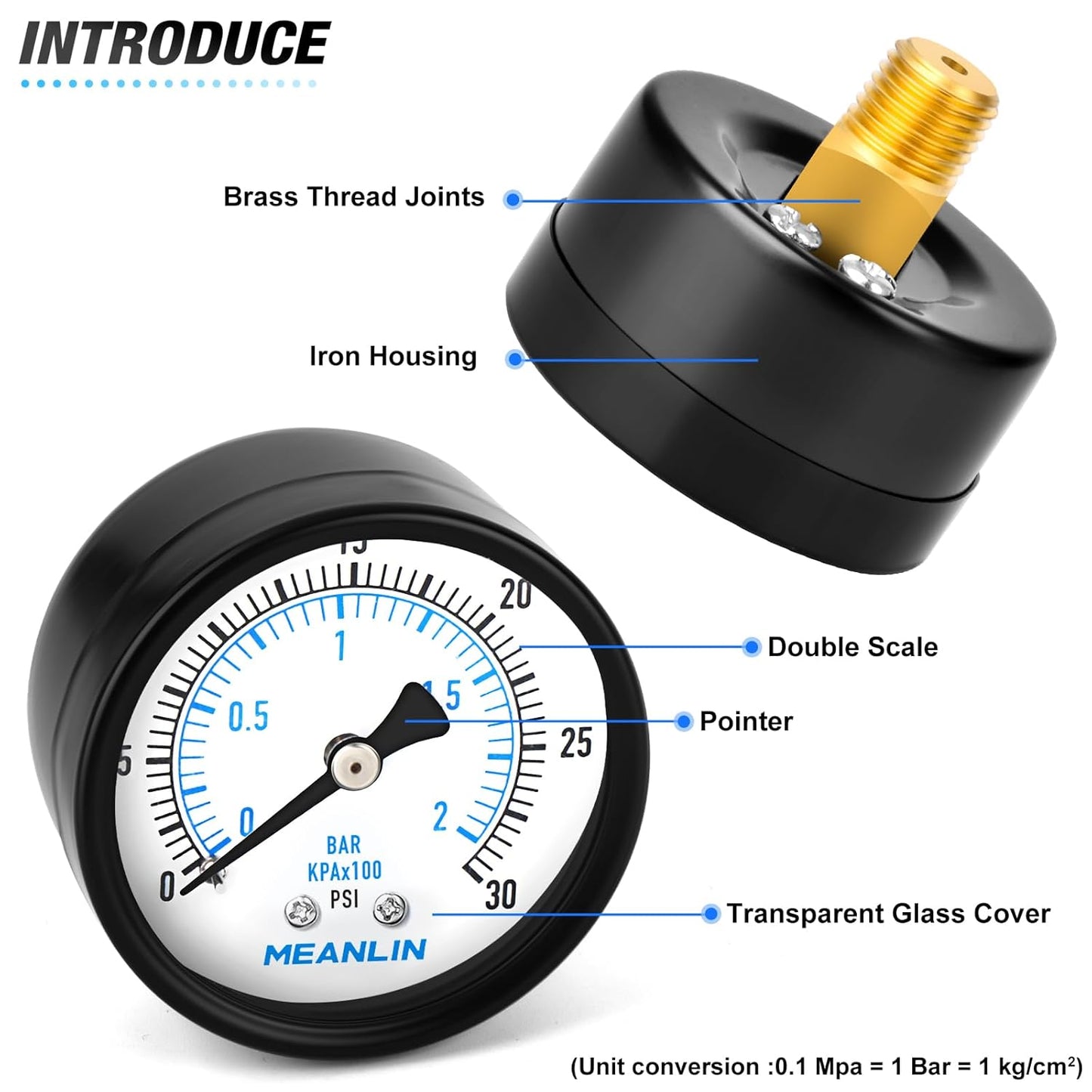MEANLIN MEASURE 0-30Psi Well Pump Pressure Gauge 1/4" NPT 2" FACE DIAL for Pool Sand Filter Water Oil Air Pressure Test Back Mount, with Teflon Tape