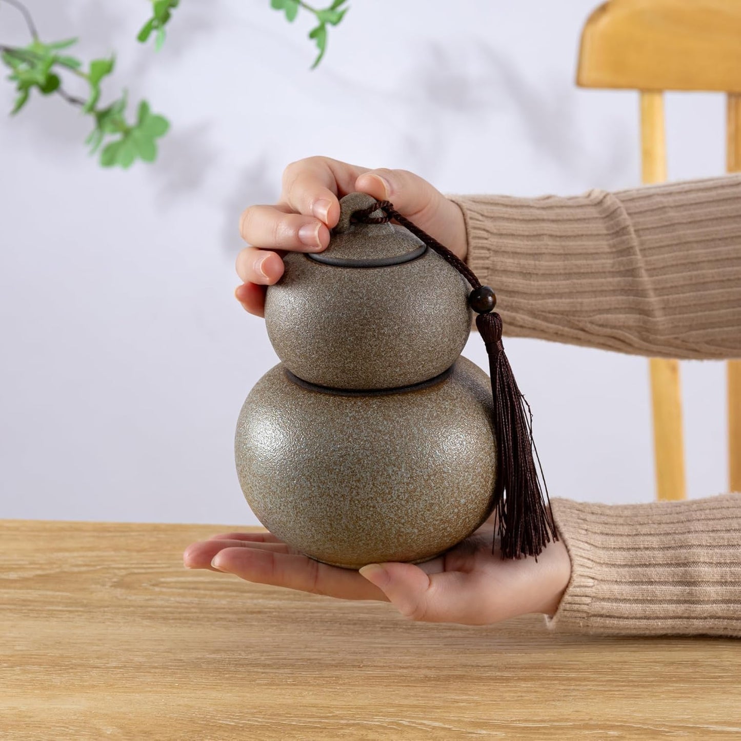 Ceramic Airtight Canister 22 Oz /660ml,Gourd Shap 2 Layers Loose Tea Candy,Food Storage Jar for Coffee,Beans,Herb,Spices,Nuts -Stone White