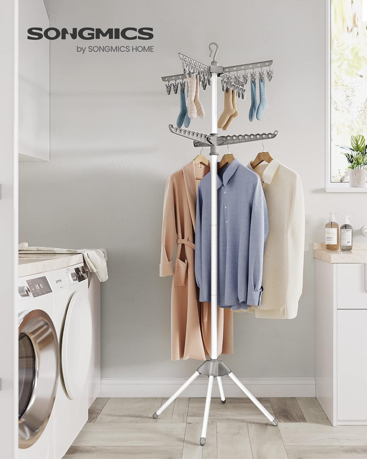 SONGMICS 2-Tier Clothes Drying Rack, 72-Inch Folding Laundry Drying Rack with 3 Rotatable Arms for Hangers, 24 Clips, Stainless Steel, for 27 Pieces of Clothes, Gray and White ULLR512G01