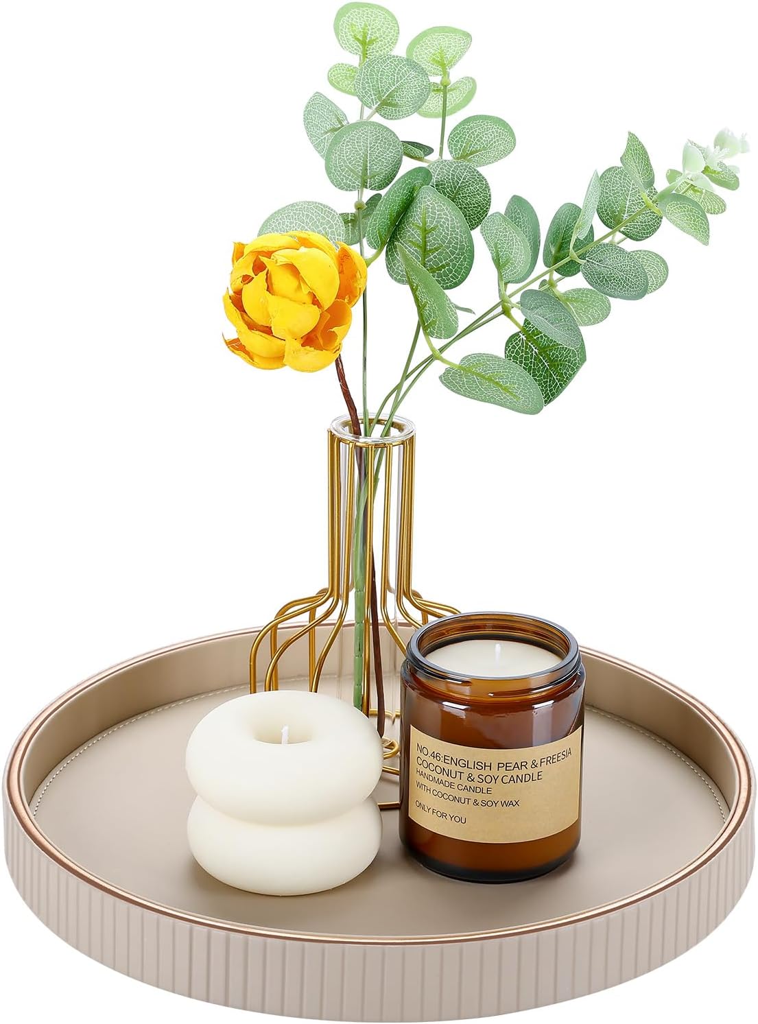 GORESE Round Decorative Tray for Coffee Table Decor, 12" PU Leather Serving tray Table Centerpiece Home Decor, Desk Valet Tray for Trinket Jewelry Perfume Key, Ottoman Tray Nightstand Organizer, Biege