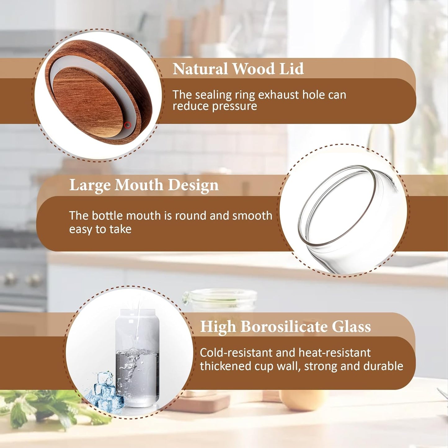 960ML/32Oz Clear Cute Glass Storage Canister Holder with Stackable Airtight Wood Lid, Modern Decorative Container Jar for Coffee, Spice, Candy, Salt, Cookie, Condiment, Pepper, Sugar